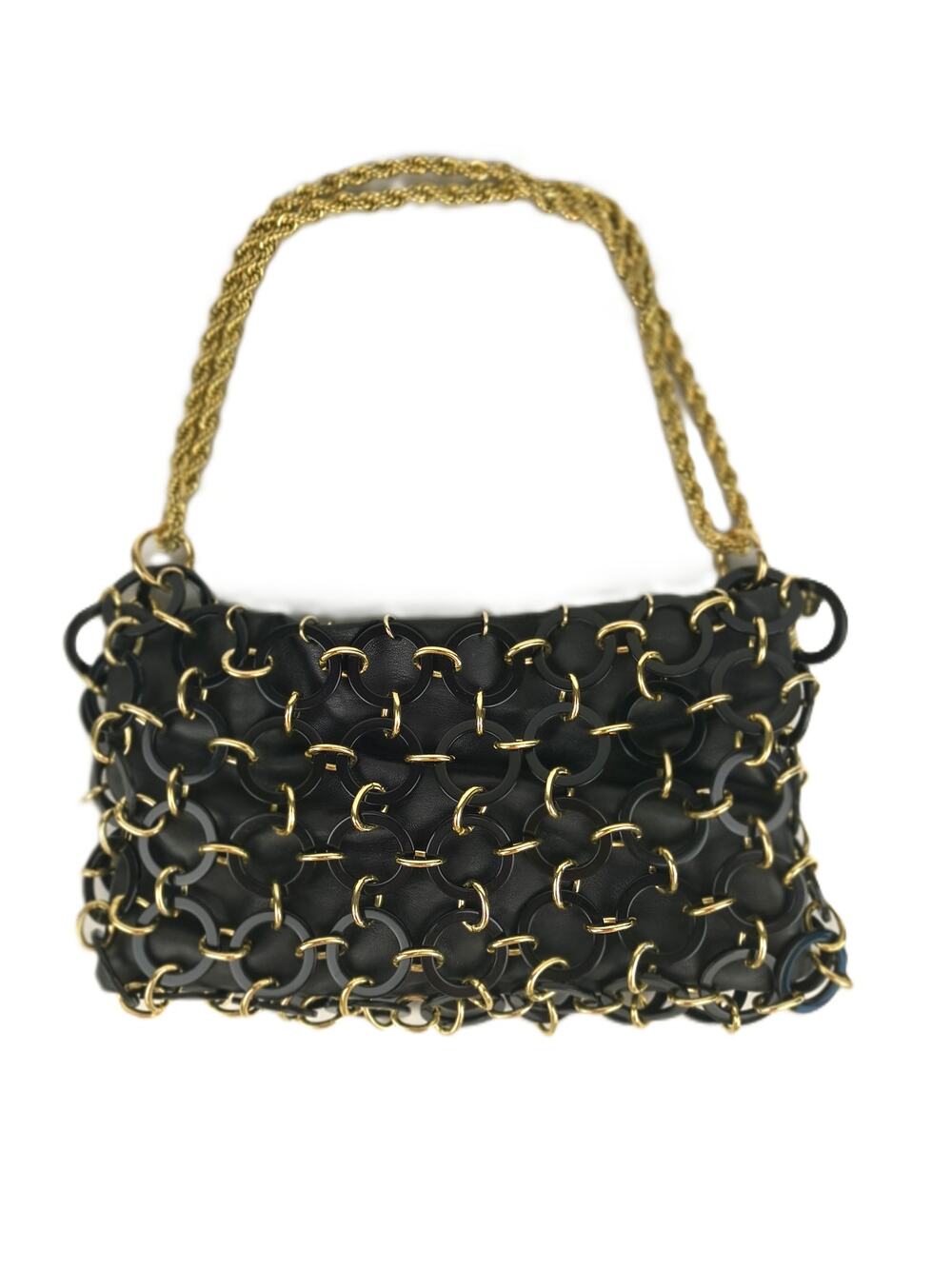 Cult Gaia Black Leather Ring & Chain Link Shoulder Bag with Gold-Tone Hardware